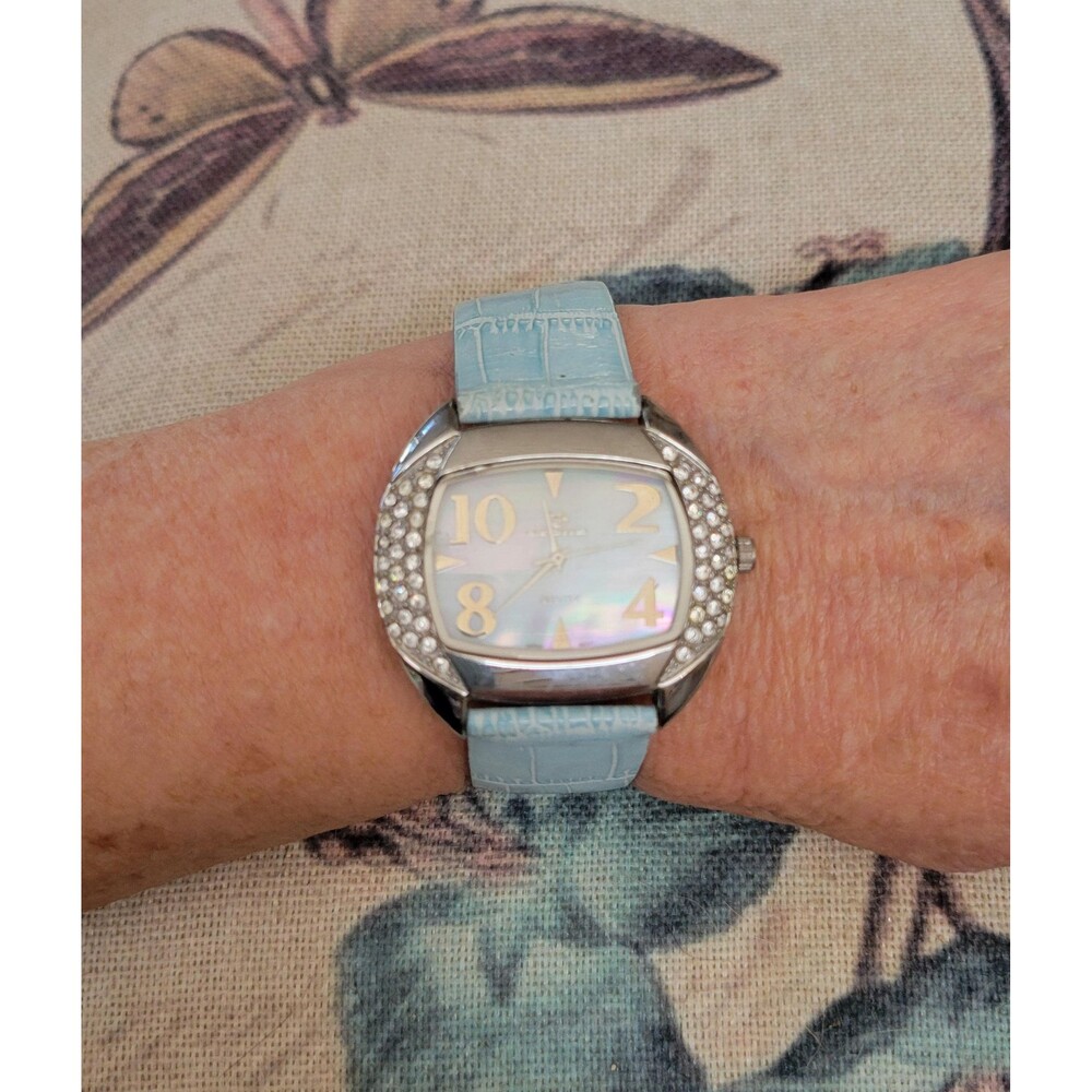 Stone & Co. Bling Watch – Aqua Blue Croc Leather Strap – Rhinestone Bezel
